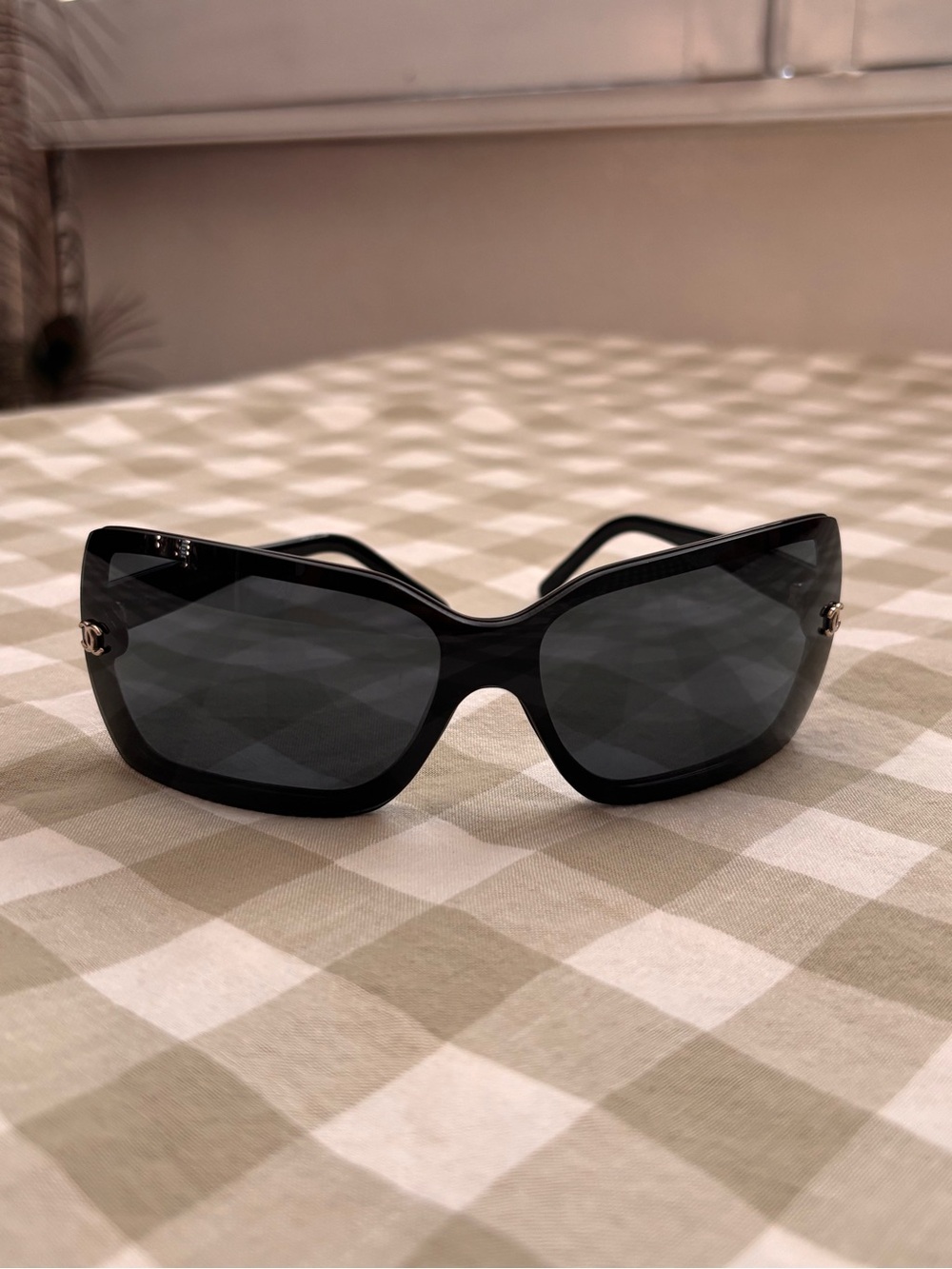 CHANEL Black Oversized Shield Sunglasses with Silver CC Accents 5065